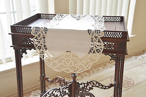 Oval Battenburg Lace Table Runner. 16" x 30" Mother of Pearl
